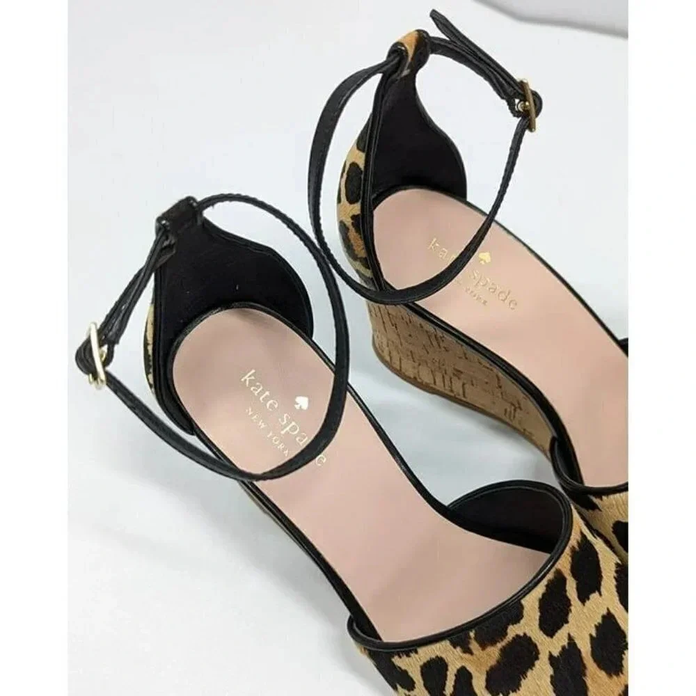 Kate Spade Women's Lonnie Leopard Calf Hair Wedge Sandals Size 6 M (MSRP $198)